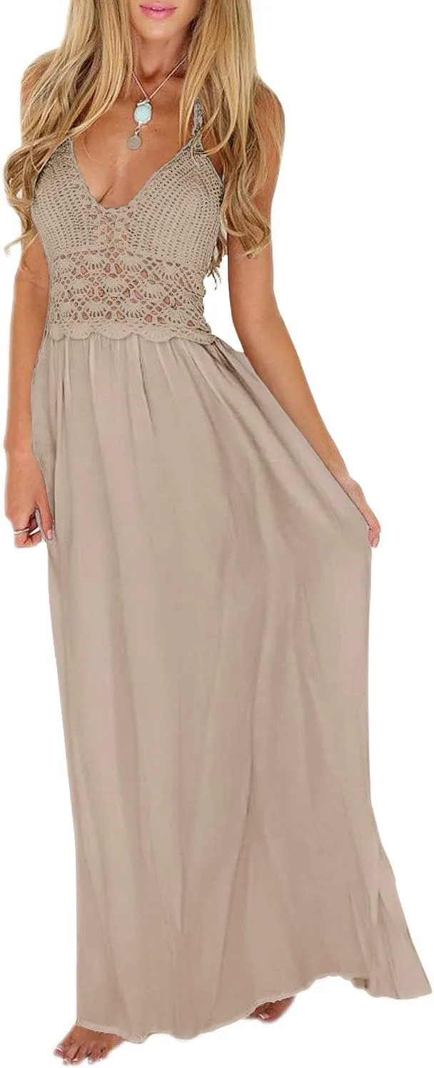 LILBETTER Women's Beach Crochet Backless Bohemian Halter Maxi Long Dress