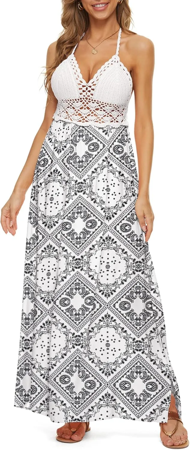 LILBETTER Women's Beach Crochet Backless Bohemian Halter Maxi Long Dress
