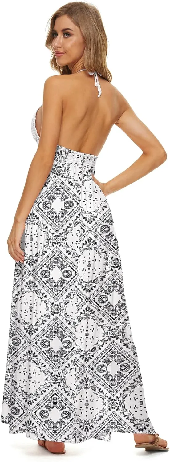 LILBETTER Women's Beach Crochet Backless Bohemian Halter Maxi Long Dress