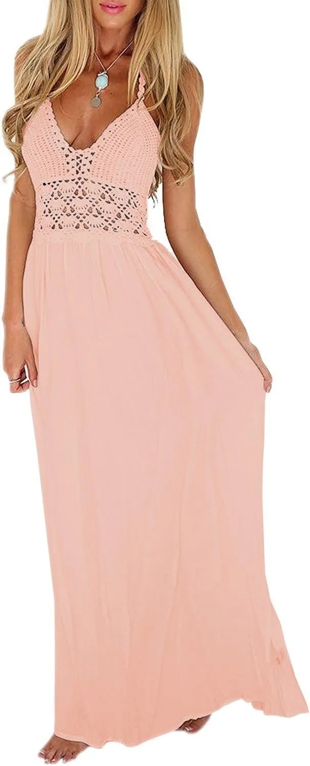 LILBETTER Women's Beach Crochet Backless Bohemian Halter Maxi Long Dress