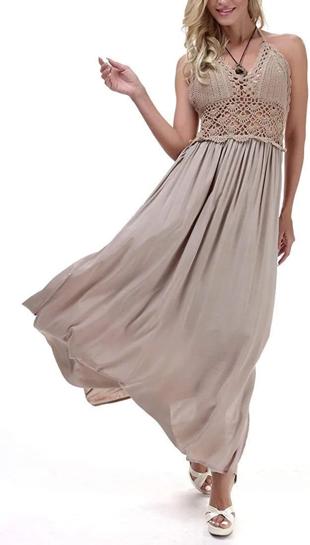 LILBETTER Women's Beach Crochet Backless Bohemian Halter Maxi Long Dress