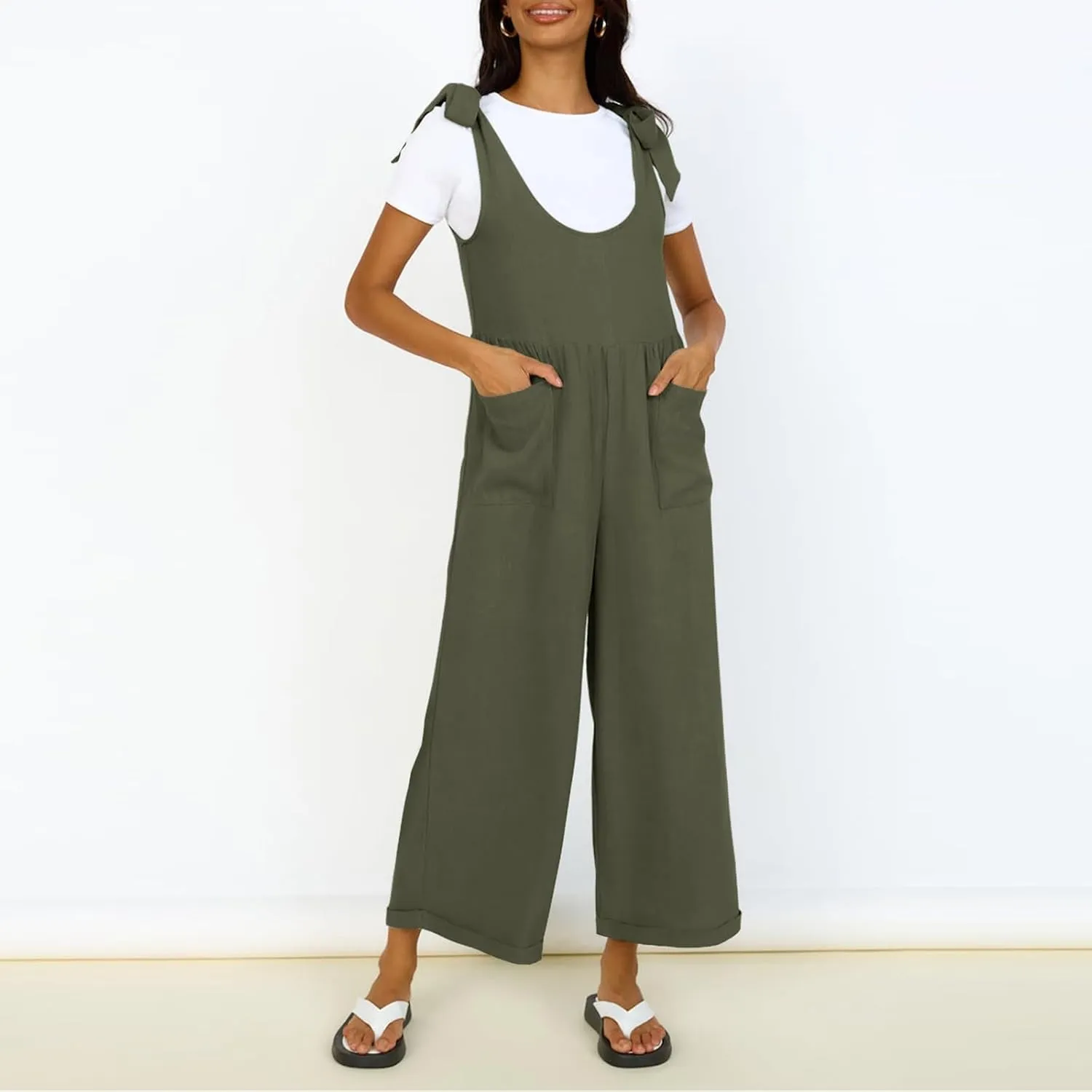 Linen Jumpsuits for Women Casual Oversized Wide Leg Overalls Adjustable Straps Sleeveless Jumpsuit Summer Rompers