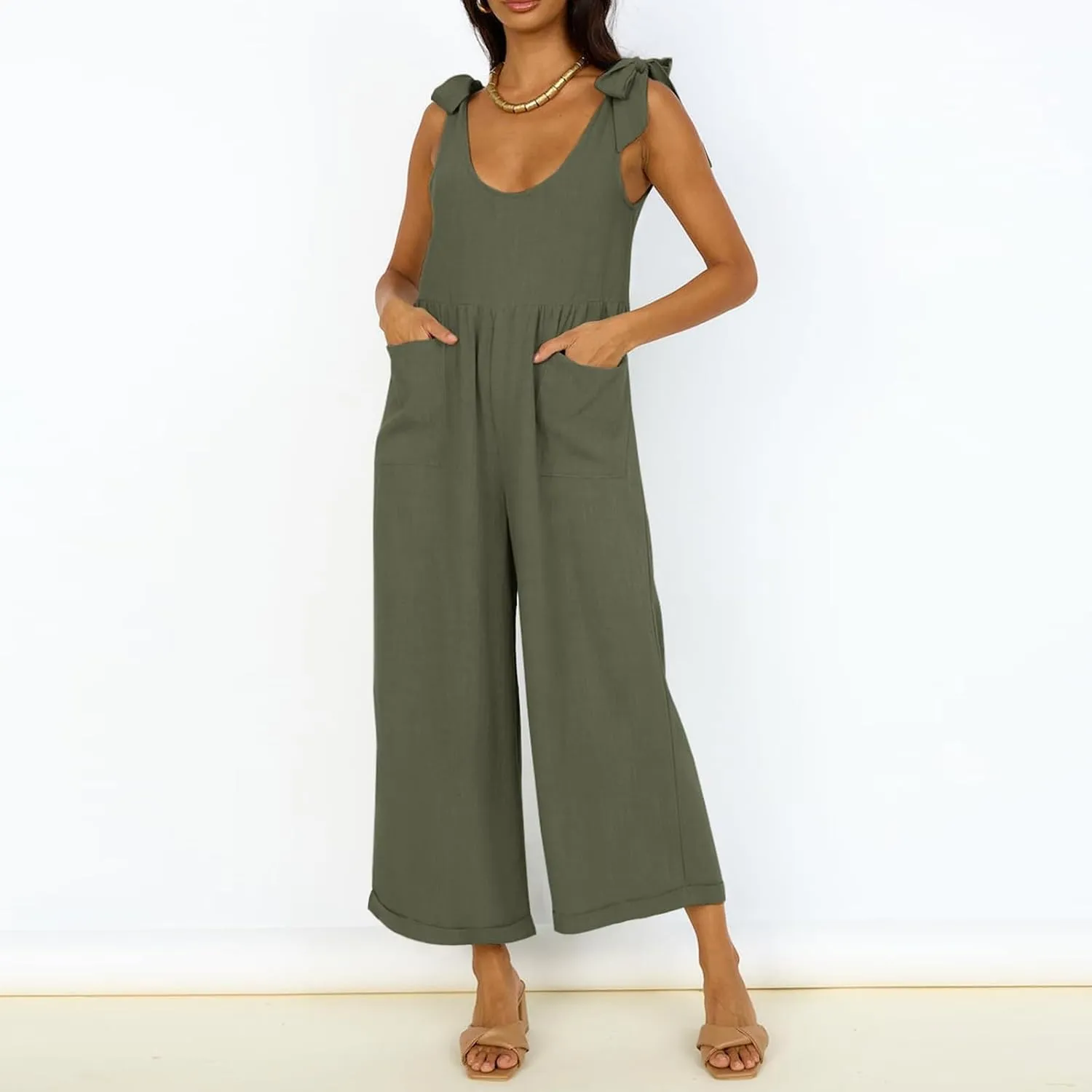Linen Jumpsuits for Women Casual Oversized Wide Leg Overalls Adjustable Straps Sleeveless Jumpsuit Summer Rompers