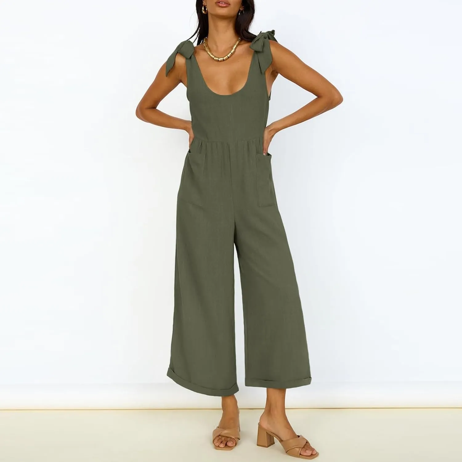 Linen Jumpsuits for Women Casual Oversized Wide Leg Overalls Adjustable Straps Sleeveless Jumpsuit Summer Rompers