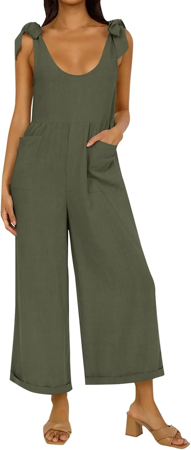 Linen Jumpsuits for Women Casual Oversized Wide Leg Overalls Adjustable Straps Sleeveless Jumpsuit Summer Rompers