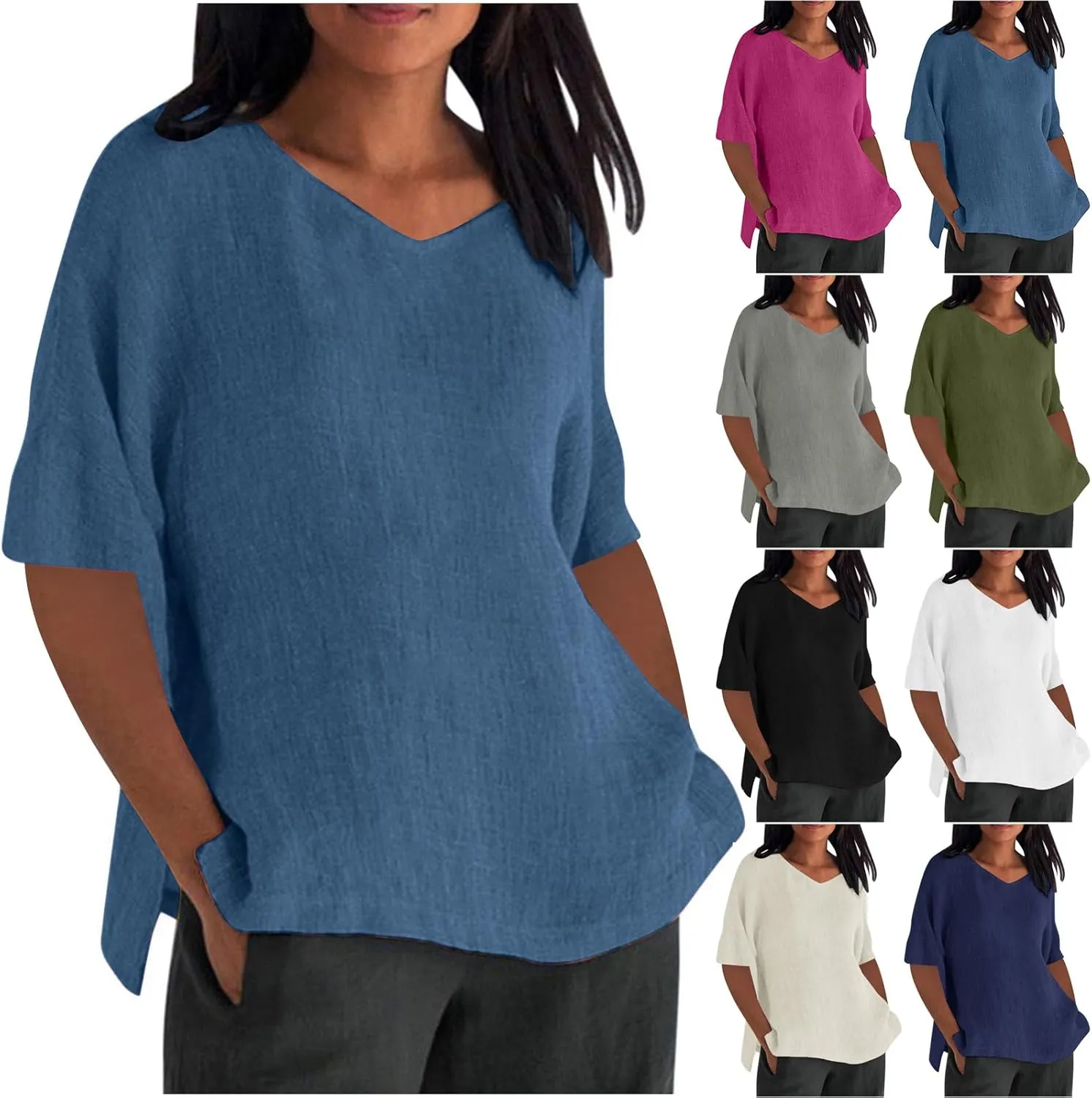 Linen Shirts for Women 2025 Basic 3/4 Sleeve Tops Summer Casual Round Neck Solid Pullover Blouse Ladies Tunic Tshirt