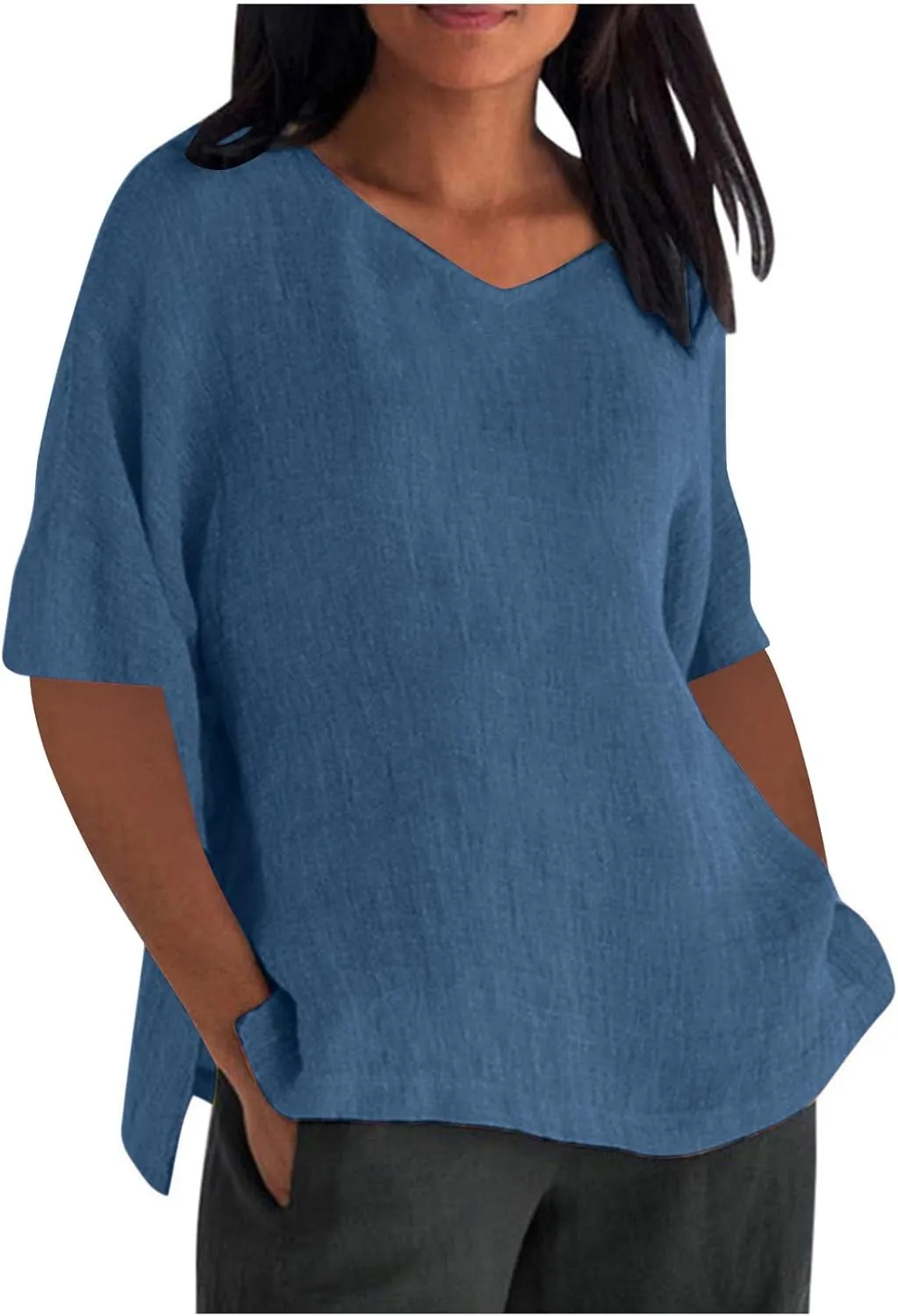 Linen Shirts for Women 2025 Basic 3/4 Sleeve Tops Summer Casual Round Neck Solid Pullover Blouse Ladies Tunic Tshirt