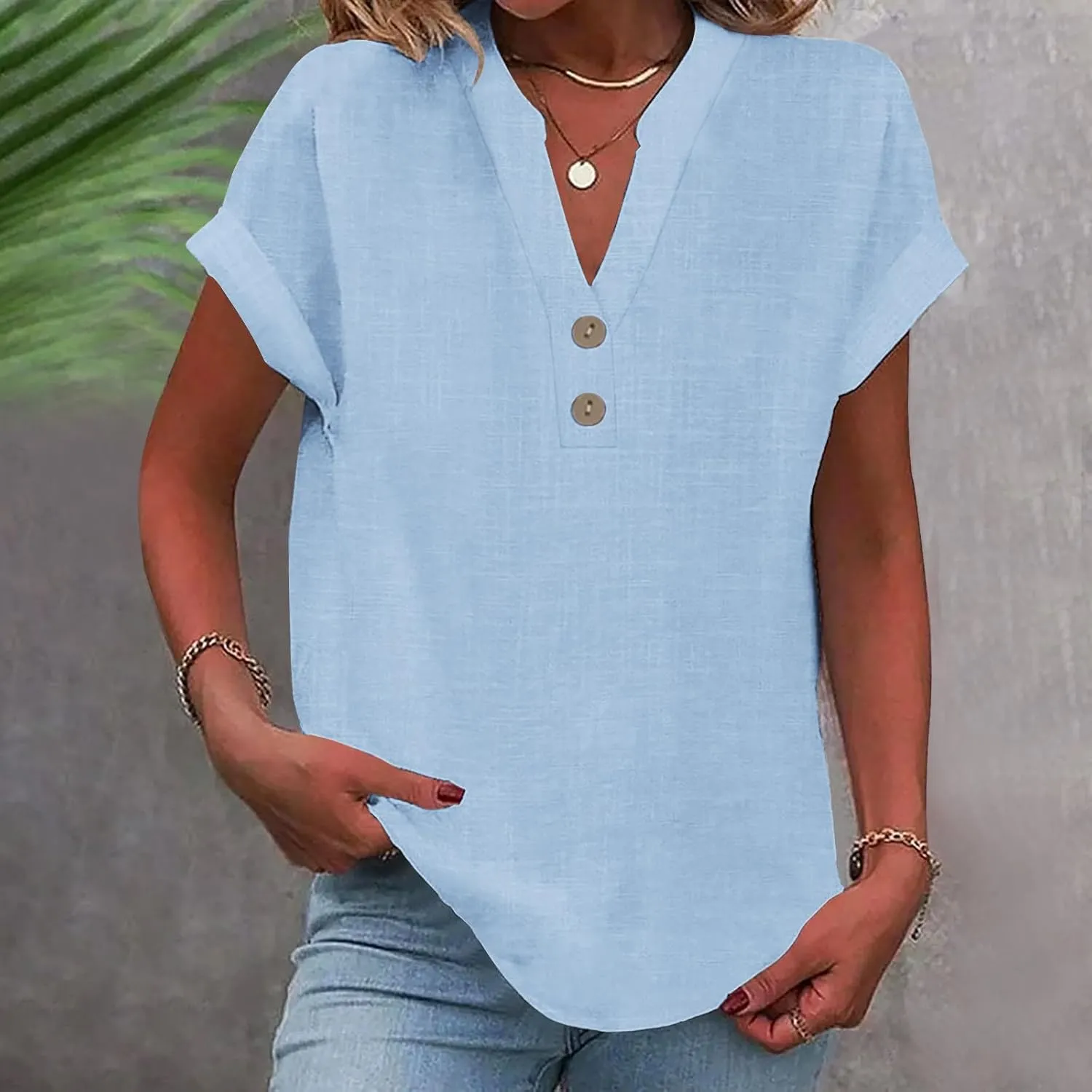 Linen Shirts for Women Summer,Short Sleeve V Neck Loose Fit Tops Casual Tshirt Button Down Soft Tunic Blouses 2025