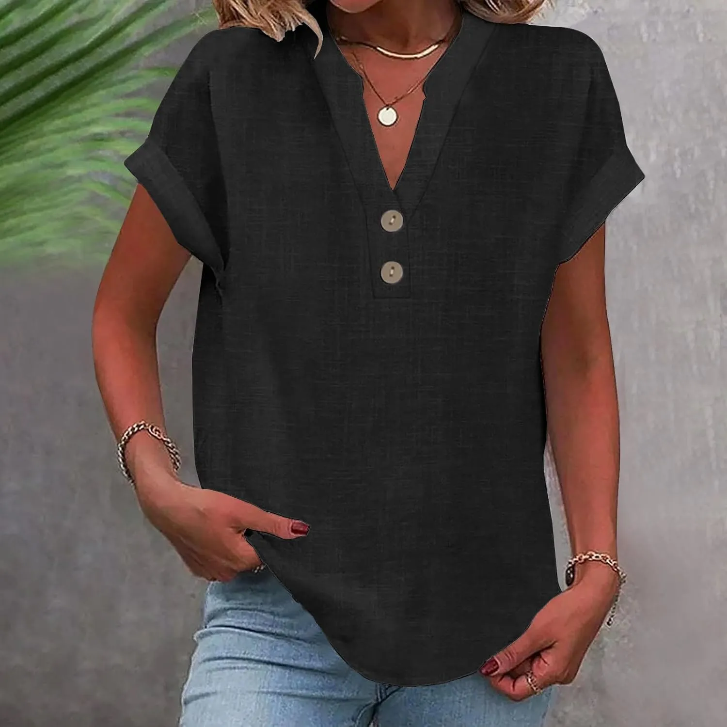 Linen Shirts for Women Summer,Short Sleeve V Neck Loose Fit Tops Casual Tshirt Button Down Soft Tunic Blouses 2025