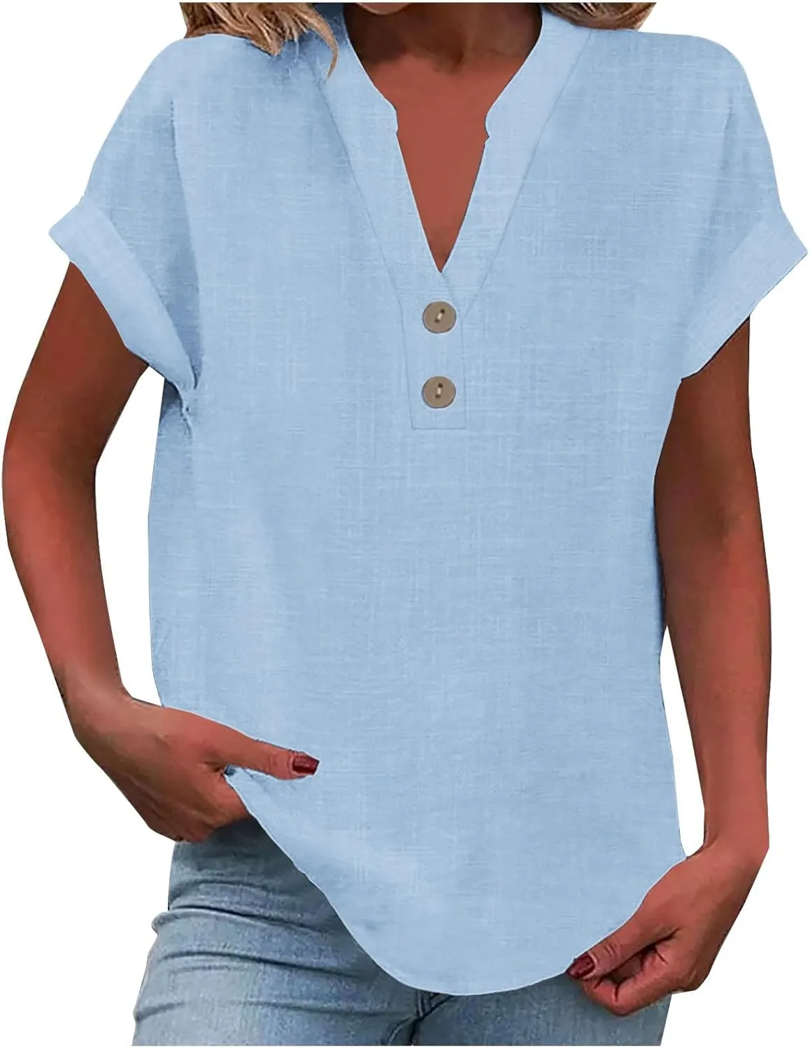Linen Shirts for Women Summer,Short Sleeve V Neck Loose Fit Tops Casual Tshirt Button Down Soft Tunic Blouses 2025