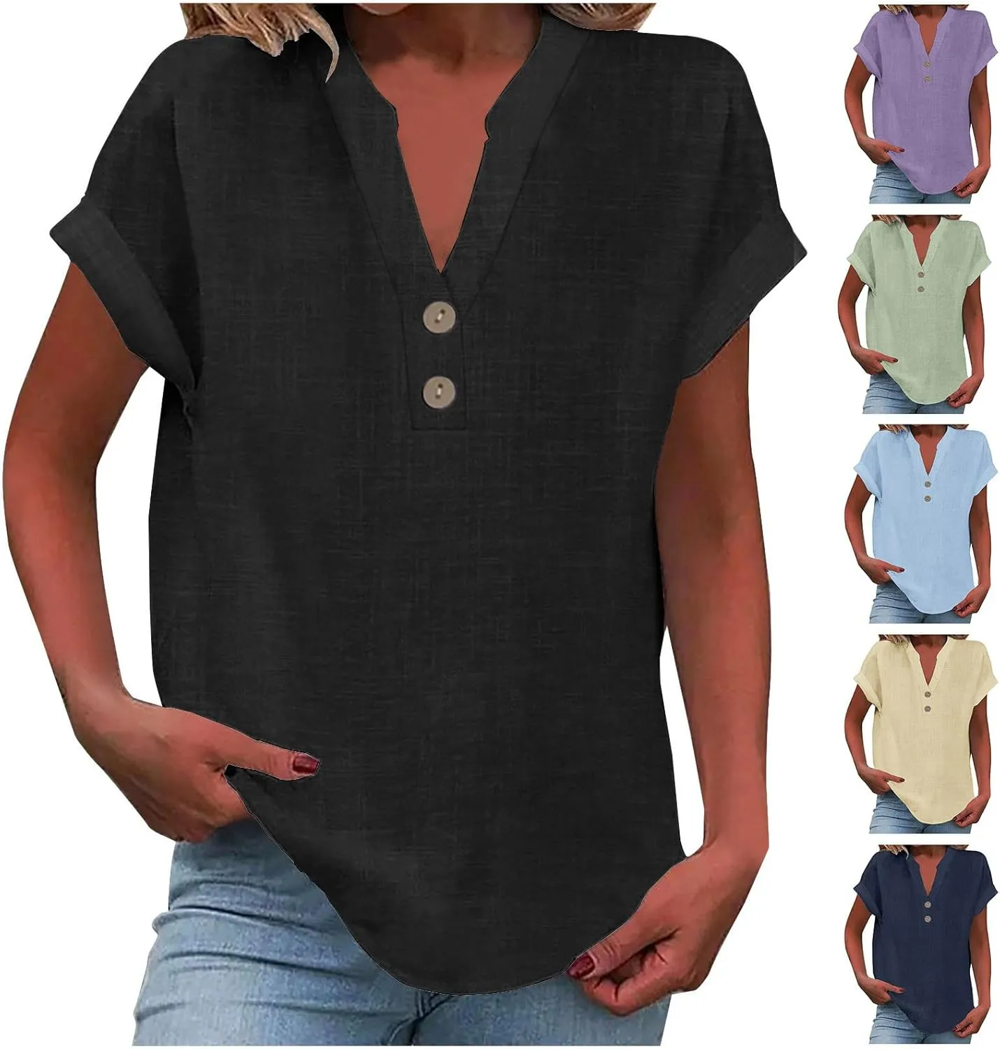Linen Shirts for Women Summer,Short Sleeve V Neck Loose Fit Tops Casual Tshirt Button Down Soft Tunic Blouses 2025