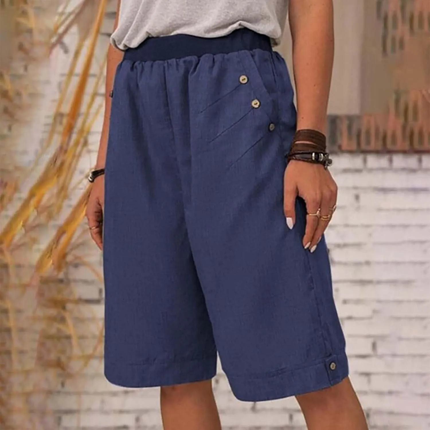 Linen Shorts for Women Summer High Waisted Bermuda Shorts Casual Loose Comfy Lounge Shorts with Pockets