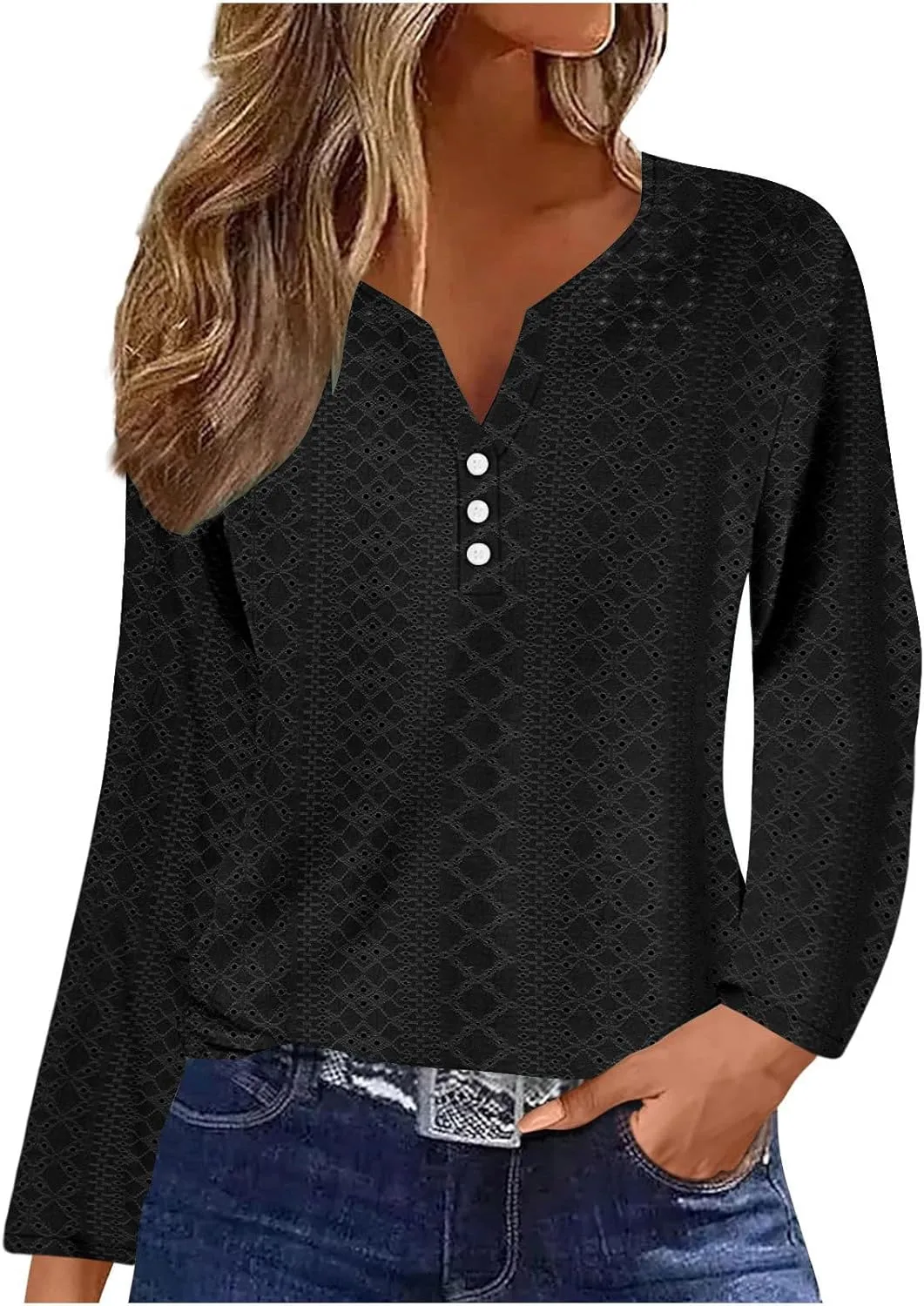 Long Sleeve Shirts for Women Trendy V Neck Dressy Casual Eyelet Blouse Plain Lightweight Loose Fitted Eyelet Tops