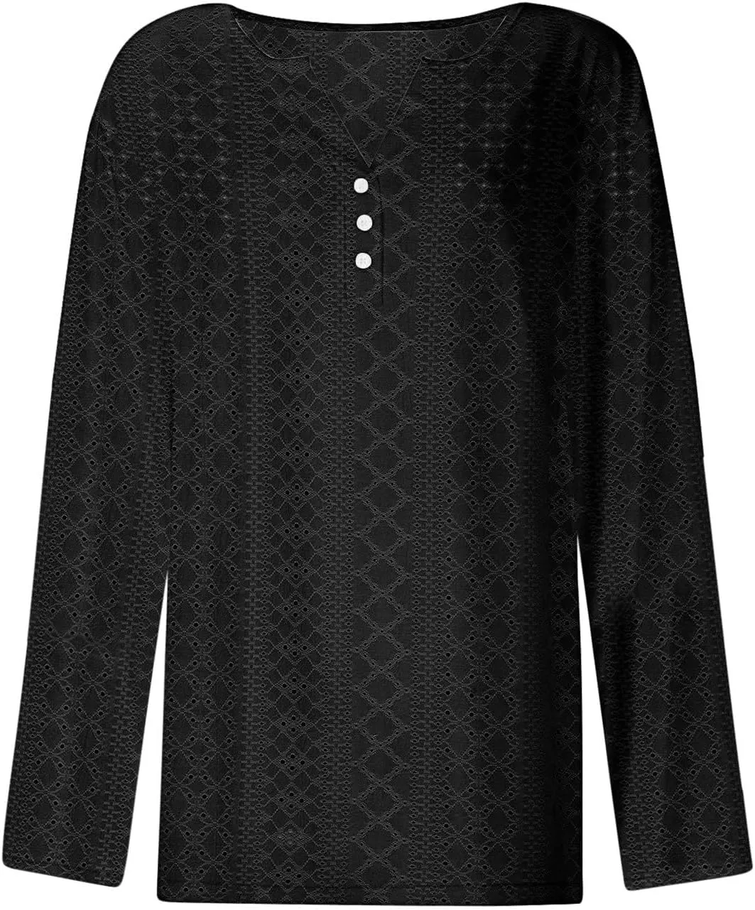 Long Sleeve Shirts for Women Trendy V Neck Dressy Casual Eyelet Blouse Plain Lightweight Loose Fitted Eyelet Tops