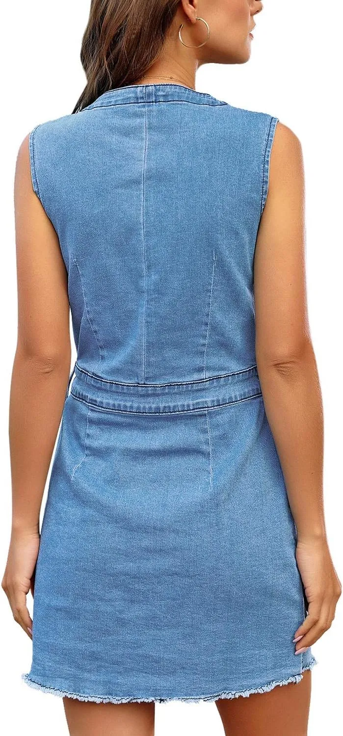 LookbookStore Women Sleeveless V Neck Button Down Frayed Hem Short Denim Dress