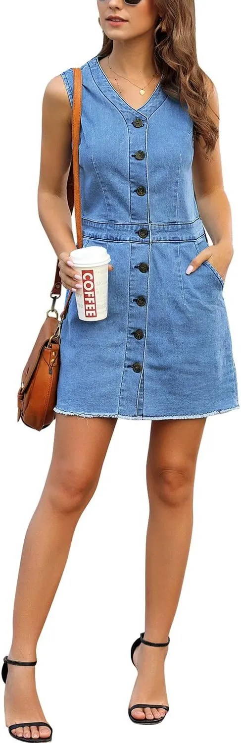 LookbookStore Women Sleeveless V Neck Button Down Frayed Hem Short Denim Dress