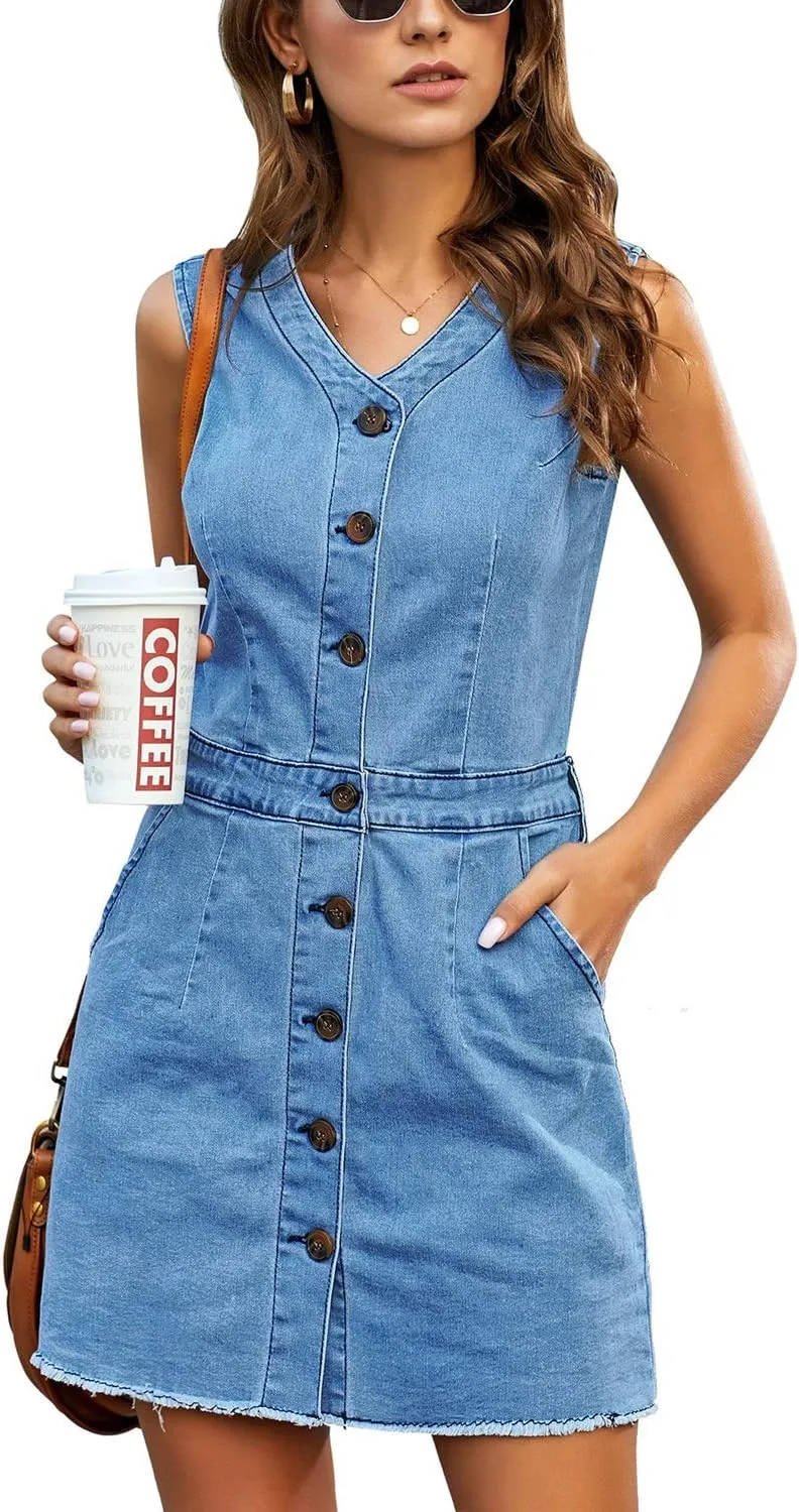 LookbookStore Women Sleeveless V Neck Button Down Frayed Hem Short Denim Dress