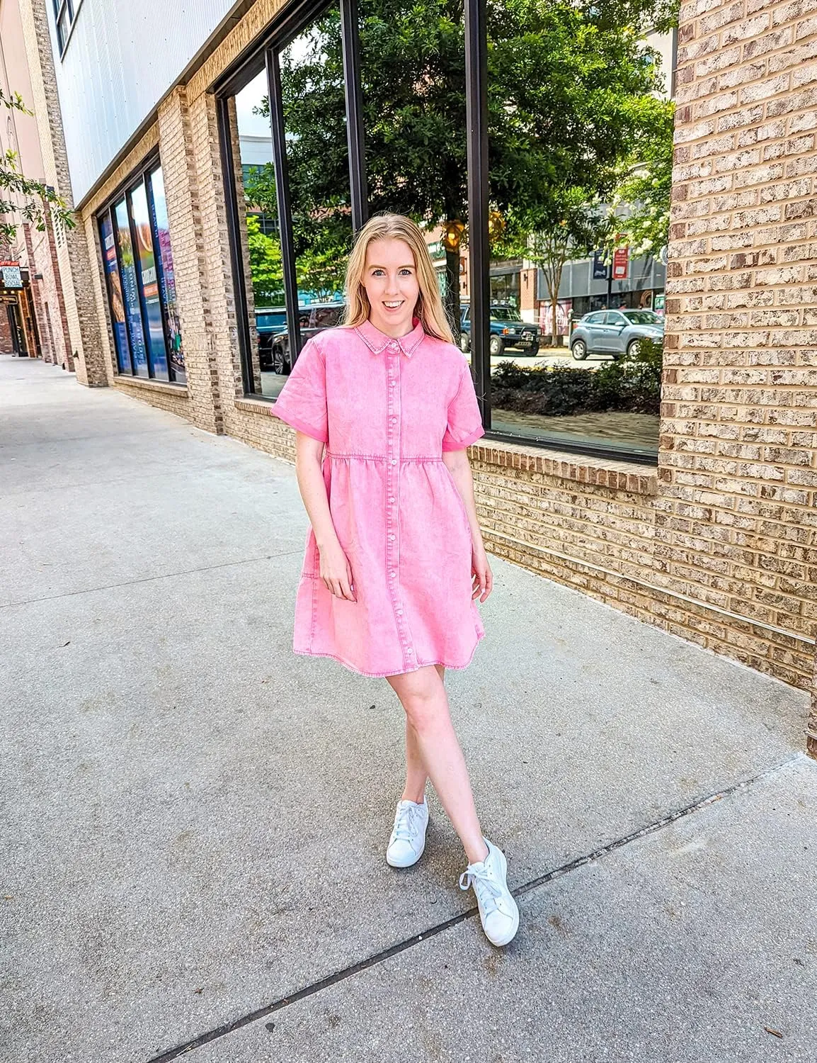 LookbookStore Women's Short Sleeve Button Down Flowy Tiered Babydoll Denim Dress