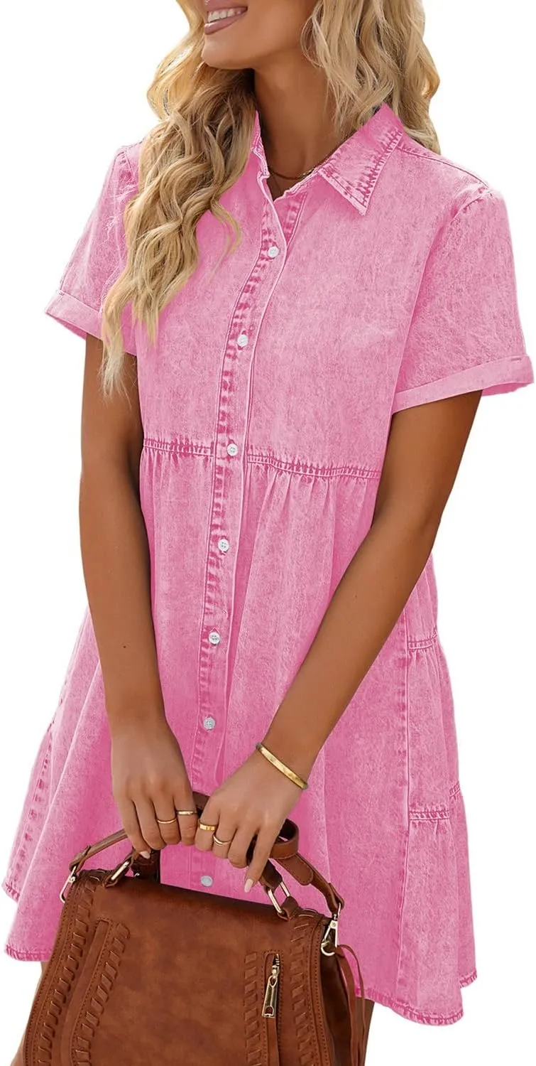 LookbookStore Women's Short Sleeve Button Down Flowy Tiered Babydoll Denim Dress
