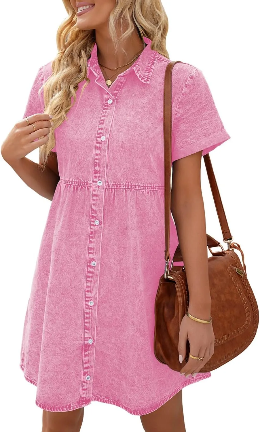 LookbookStore Women's Short Sleeve Button Down Flowy Tiered Babydoll Denim Dress