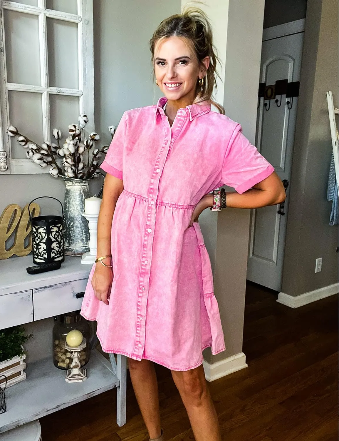 LookbookStore Women's Short Sleeve Button Down Flowy Tiered Babydoll Denim Dress