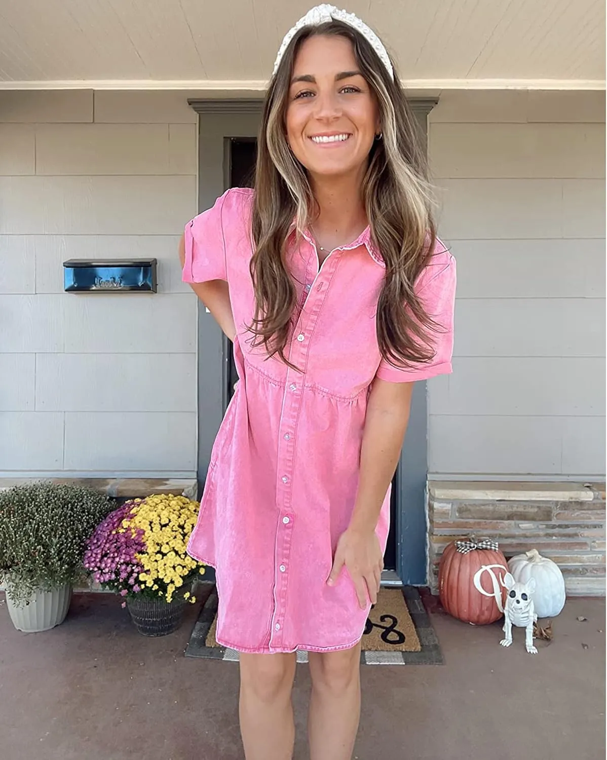 LookbookStore Women's Short Sleeve Button Down Flowy Tiered Babydoll Denim Dress