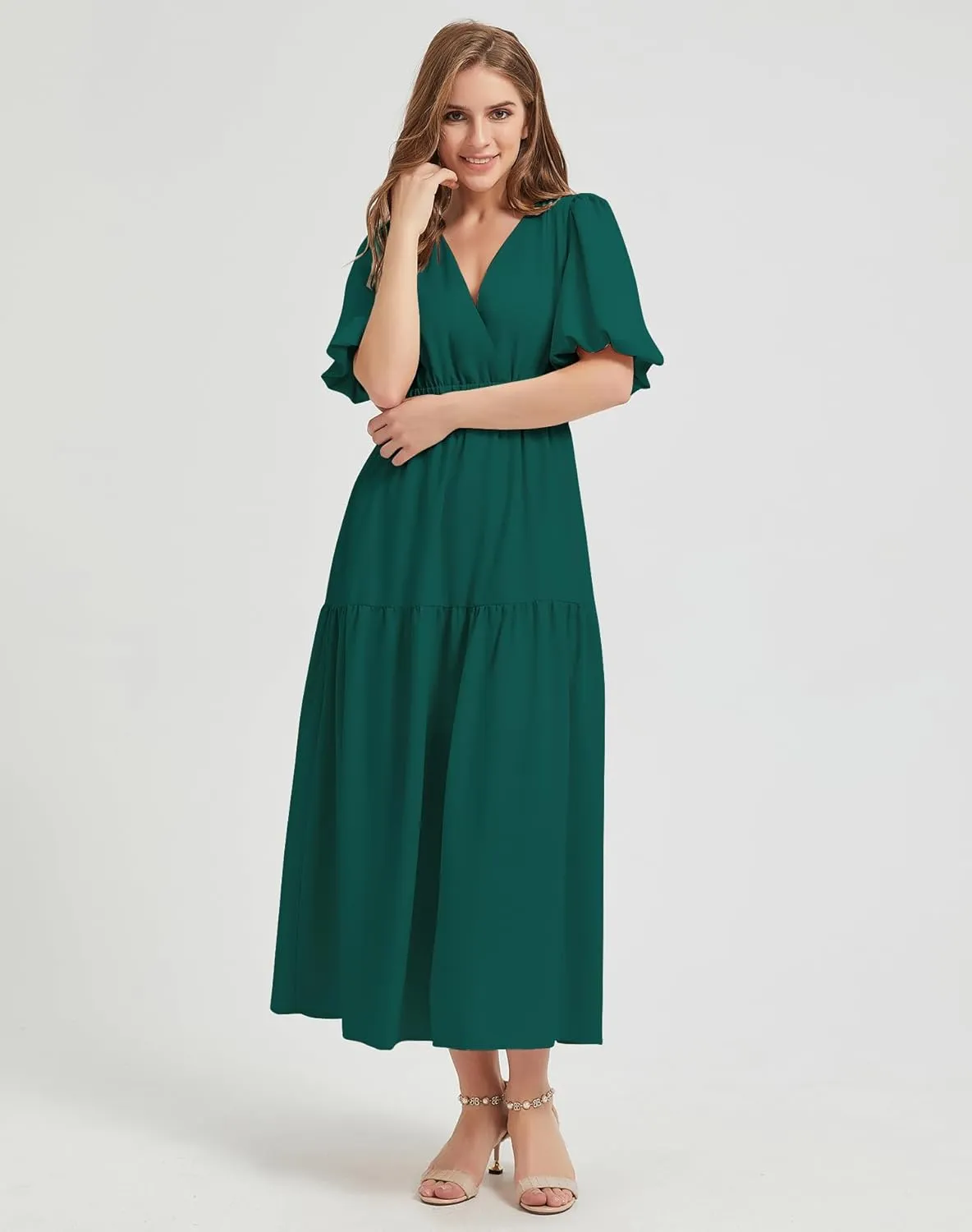 Lucrosun Women's Summer V Neck Short Puff Sleeve A Line Tiered Midi Dress