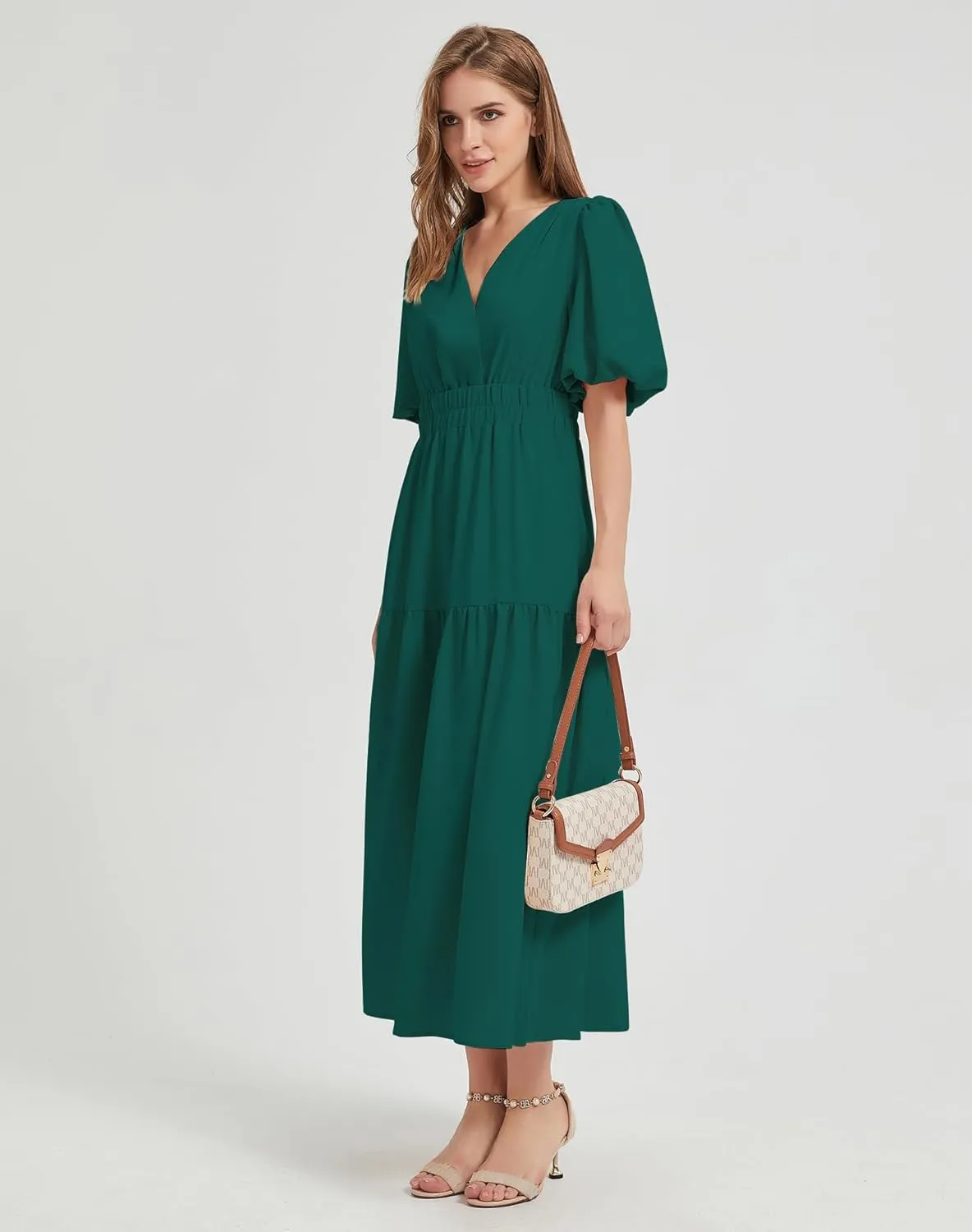 Lucrosun Women's Summer V Neck Short Puff Sleeve A Line Tiered Midi Dress