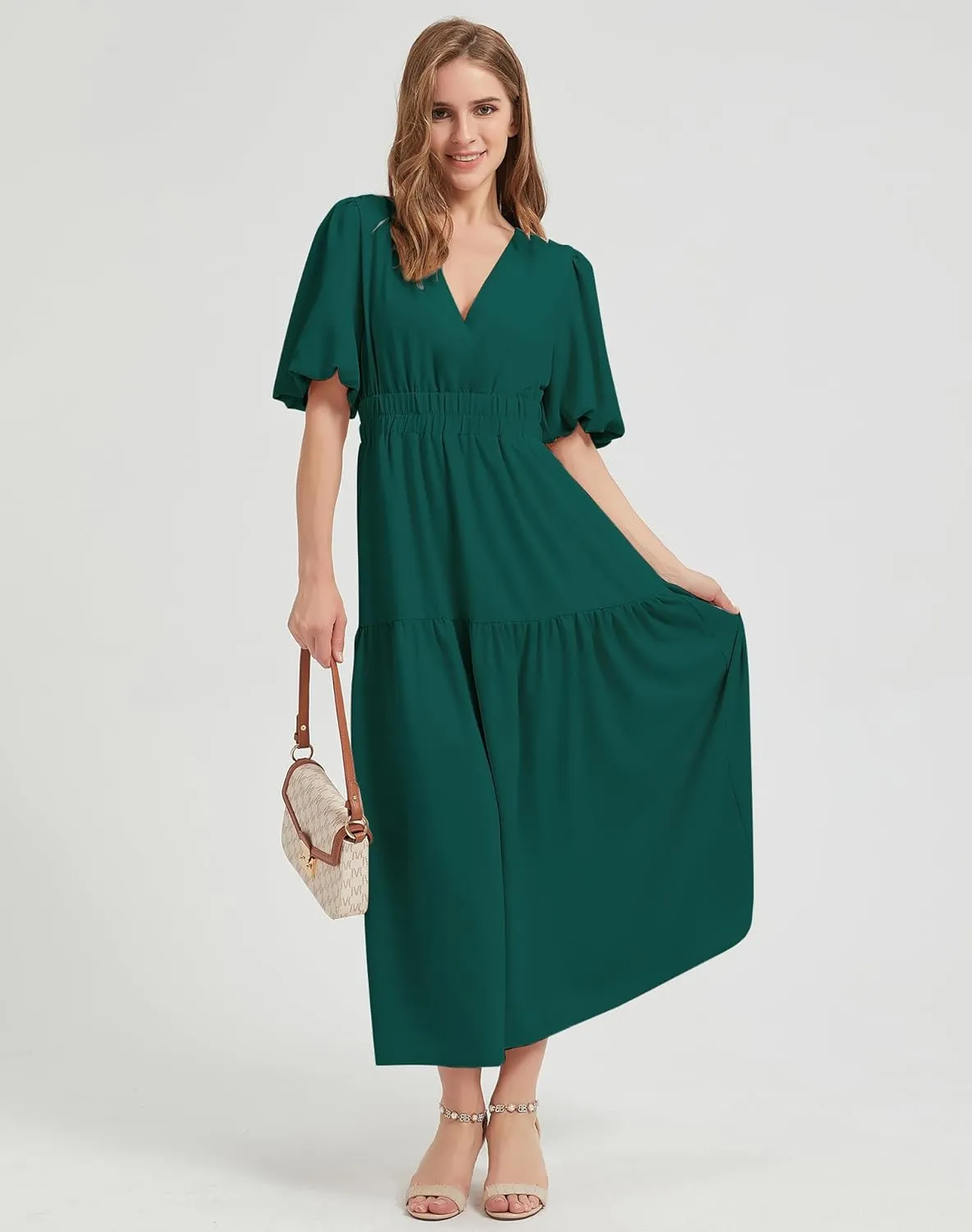 Lucrosun Women's Summer V Neck Short Puff Sleeve A Line Tiered Midi Dress
