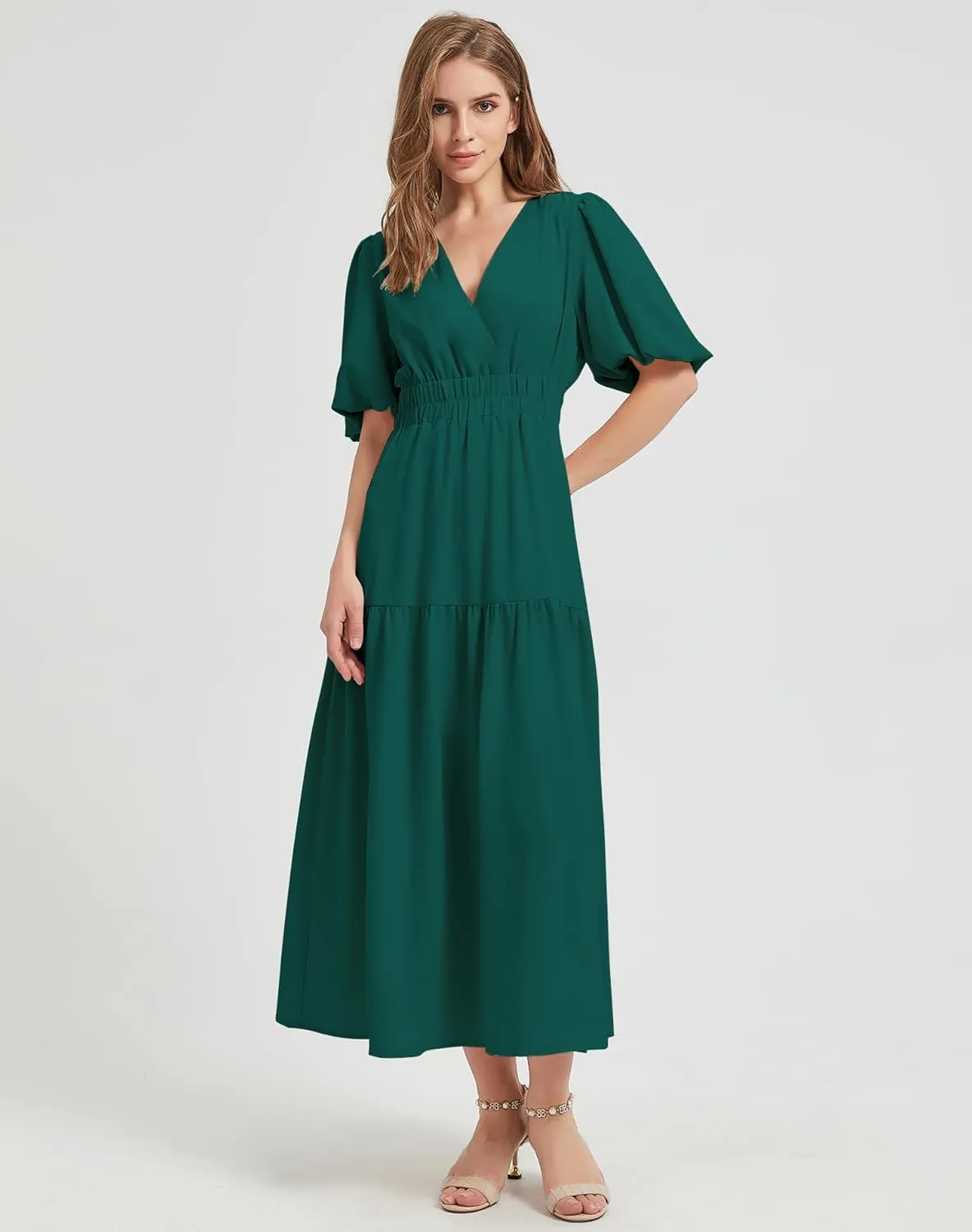Lucrosun Women's Summer V Neck Short Puff Sleeve A Line Tiered Midi Dress