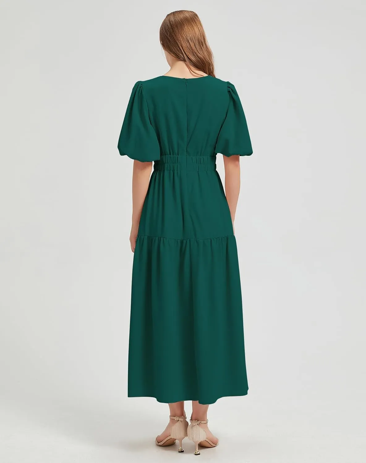 Lucrosun Women's Summer V Neck Short Puff Sleeve A Line Tiered Midi Dress