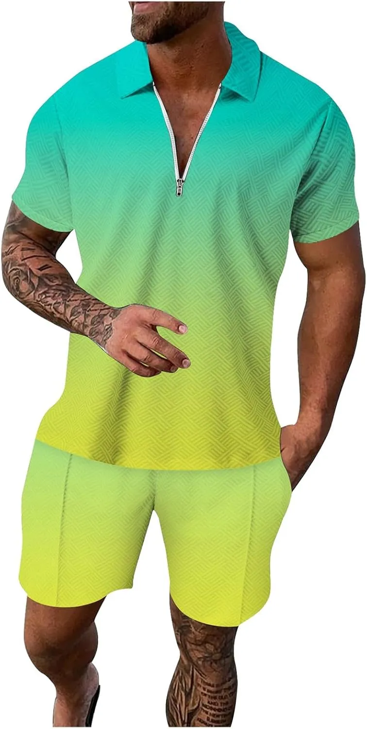 Men's 2 Piece Outfits Short Tracksuits Summer Beach T-Shirt Top Hawaiian Matching Shirt and Shorts Set Gym Shorts Cotton