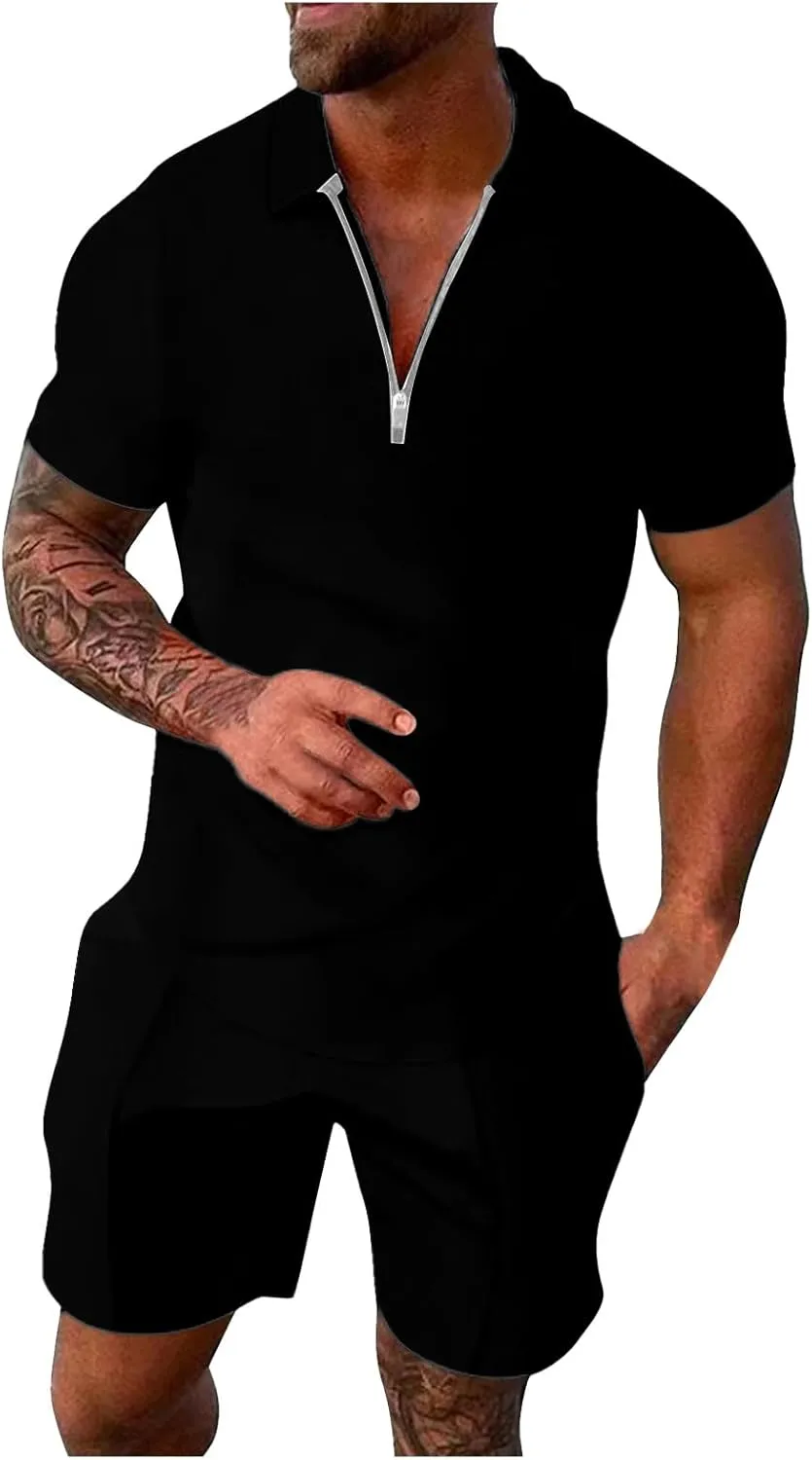 Men's Casual Tracksuits Set Quarter Zip Shirts and Drawstring Shorts Sets Summer Beach Outfits Fitted Shorts Sets Undershirts