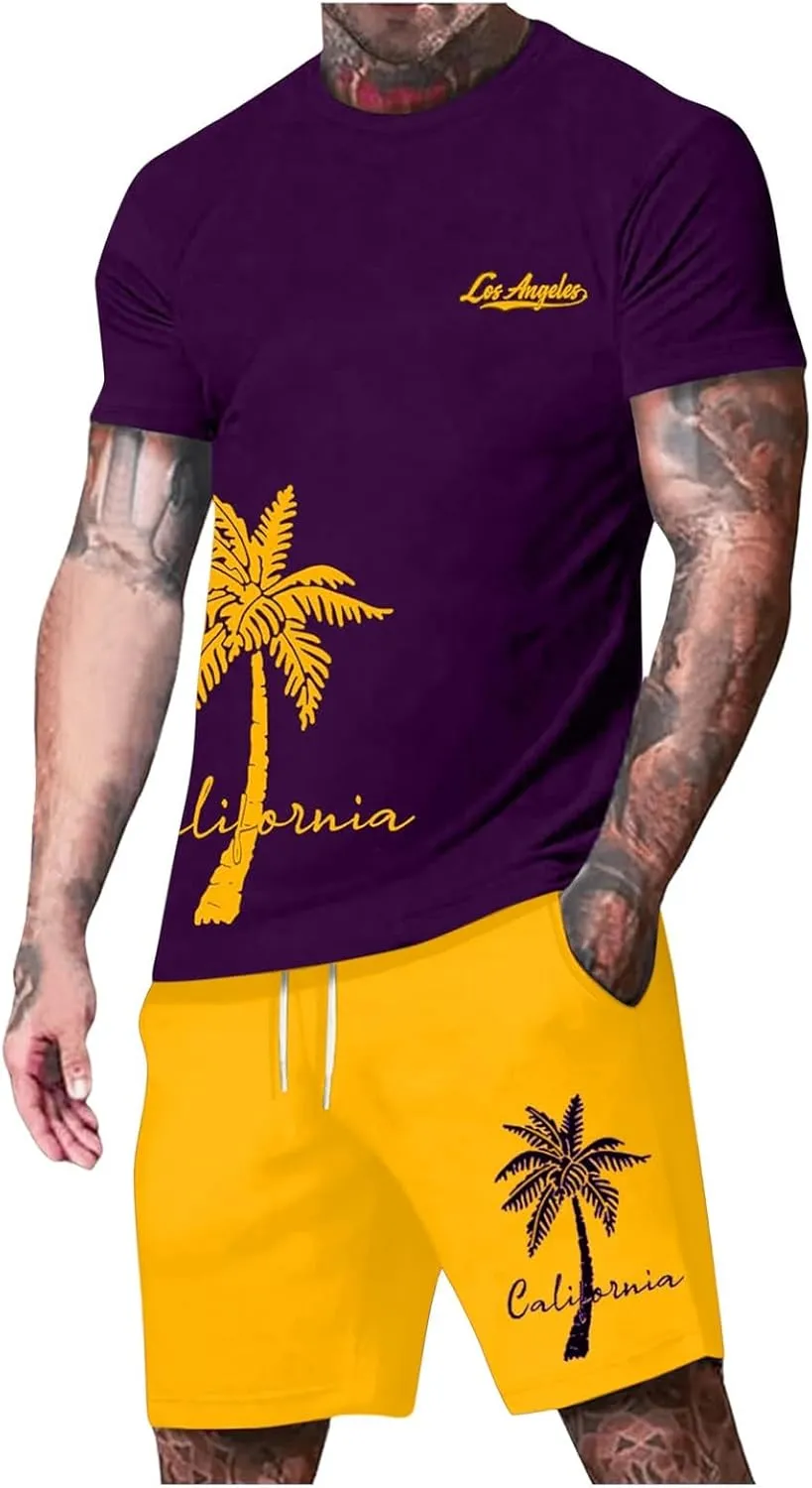 Mens Dance Shirts Mens Casual Short Sets 2 Piece Outfits Matching T Shirts and Short Set Fashion Summer Tracksuits Beach Set Travel Holiday Clothes Gold