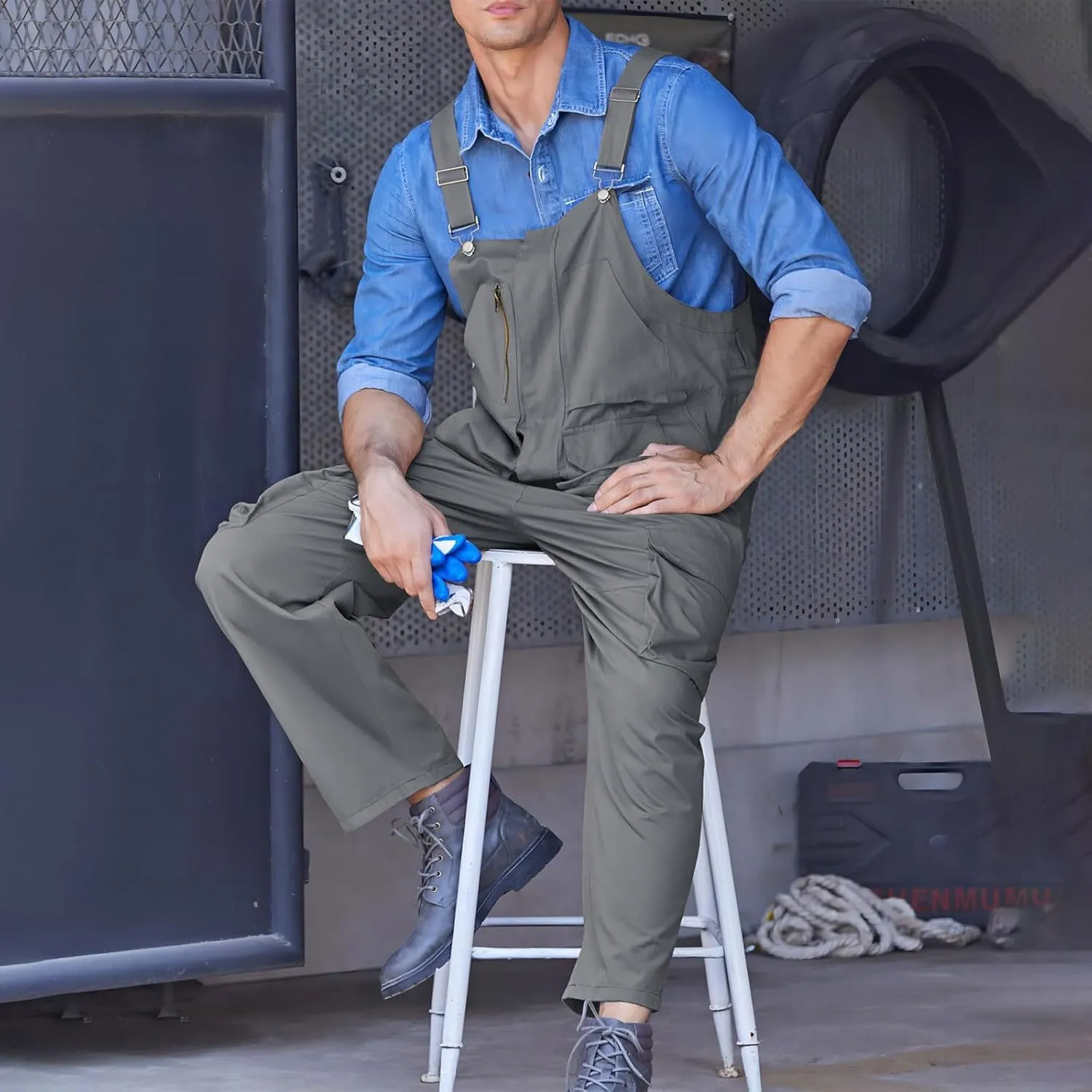 Men's Duck Bib Overalls Lightweight Coveralls for Men Workwear Adjustable Straps Work Jumpsuits with Tool Pockets
