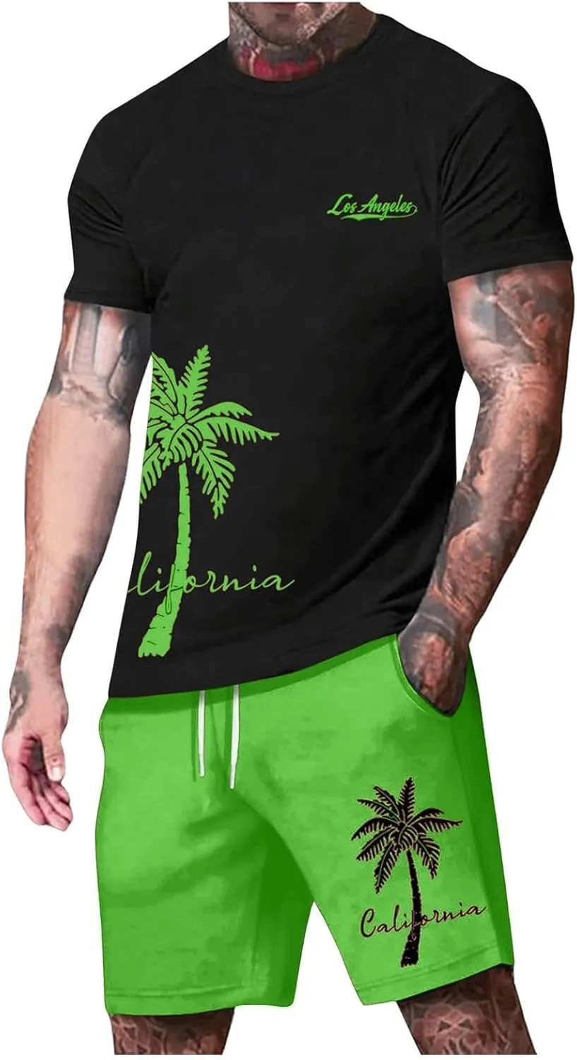 Mens Novelty Shirts Men's Casual 2 Piece Outfits Short Sleeve T Shirts Hawaiian Beach Sets Jogging Suits Summer Vacation Streetwear Long Shorts Green