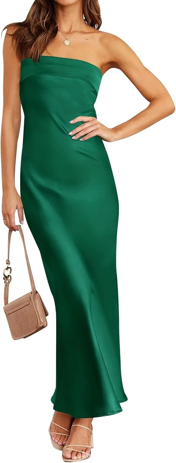 MEROKEETY Women 2025 Summer Strapless Satin Tube Bodycon Backless Wedding Guest Maxi Dress