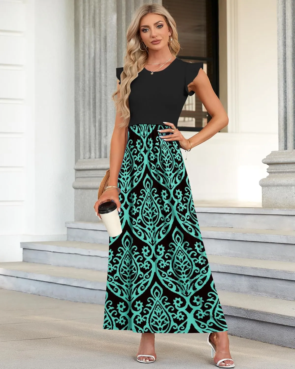 MISFAY Women's Ruffle Sleeve Maxi Dresses Casual Crewneck Long Dress with Pocket