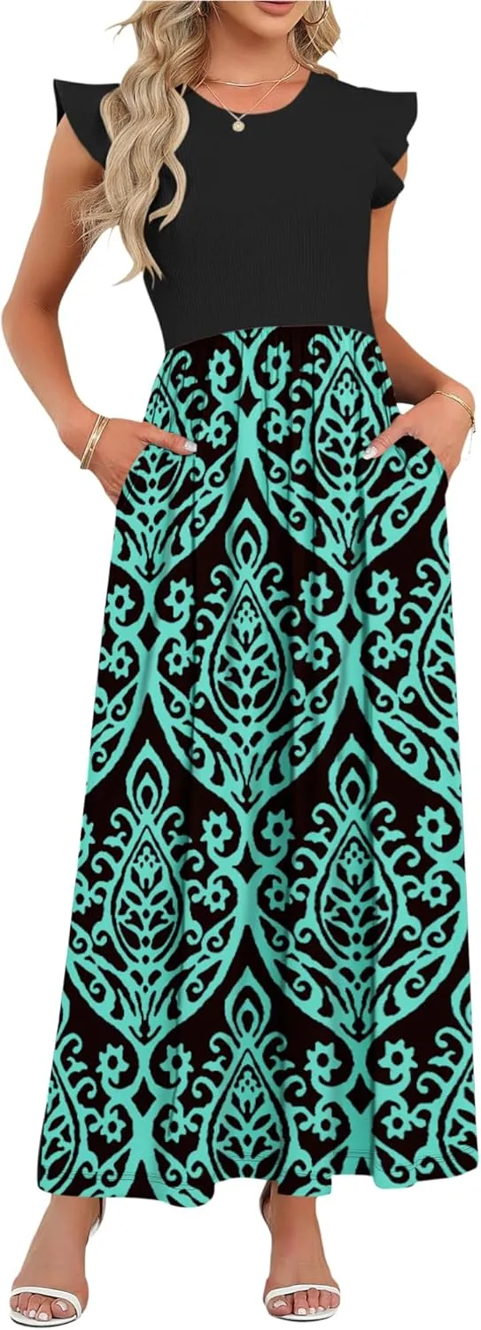MISFAY Women's Ruffle Sleeve Maxi Dresses Casual Crewneck Long Dress with Pocket