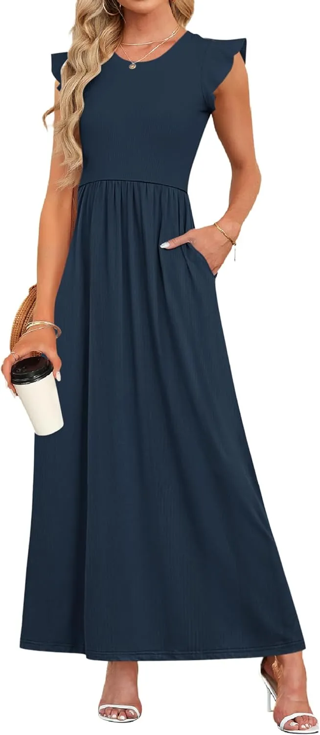 MISFAY Women's Ruffle Sleeve Maxi Dresses Casual Crewneck Long Dress with Pocket