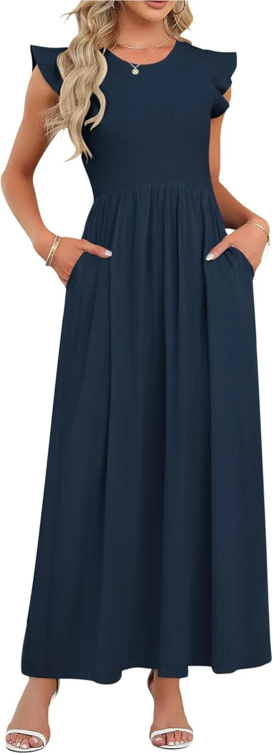 MISFAY Women's Ruffle Sleeve Maxi Dresses Casual Crewneck Long Dress with Pocket