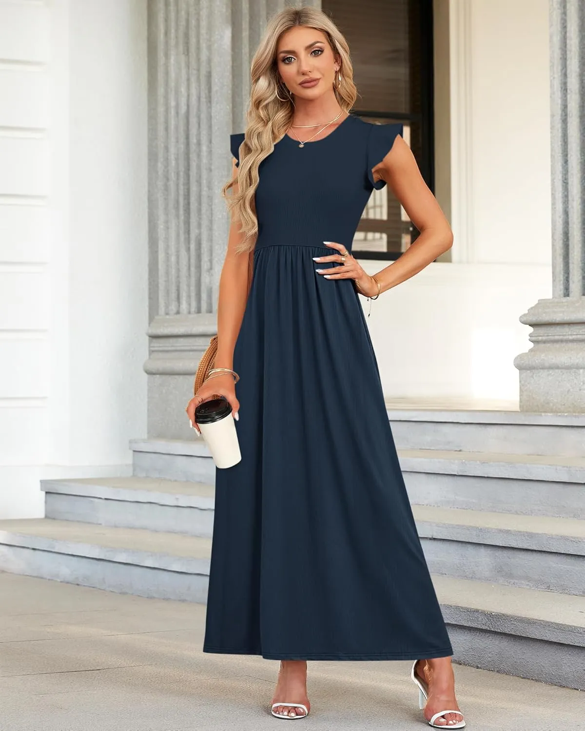 MISFAY Women's Ruffle Sleeve Maxi Dresses Casual Crewneck Long Dress with Pocket