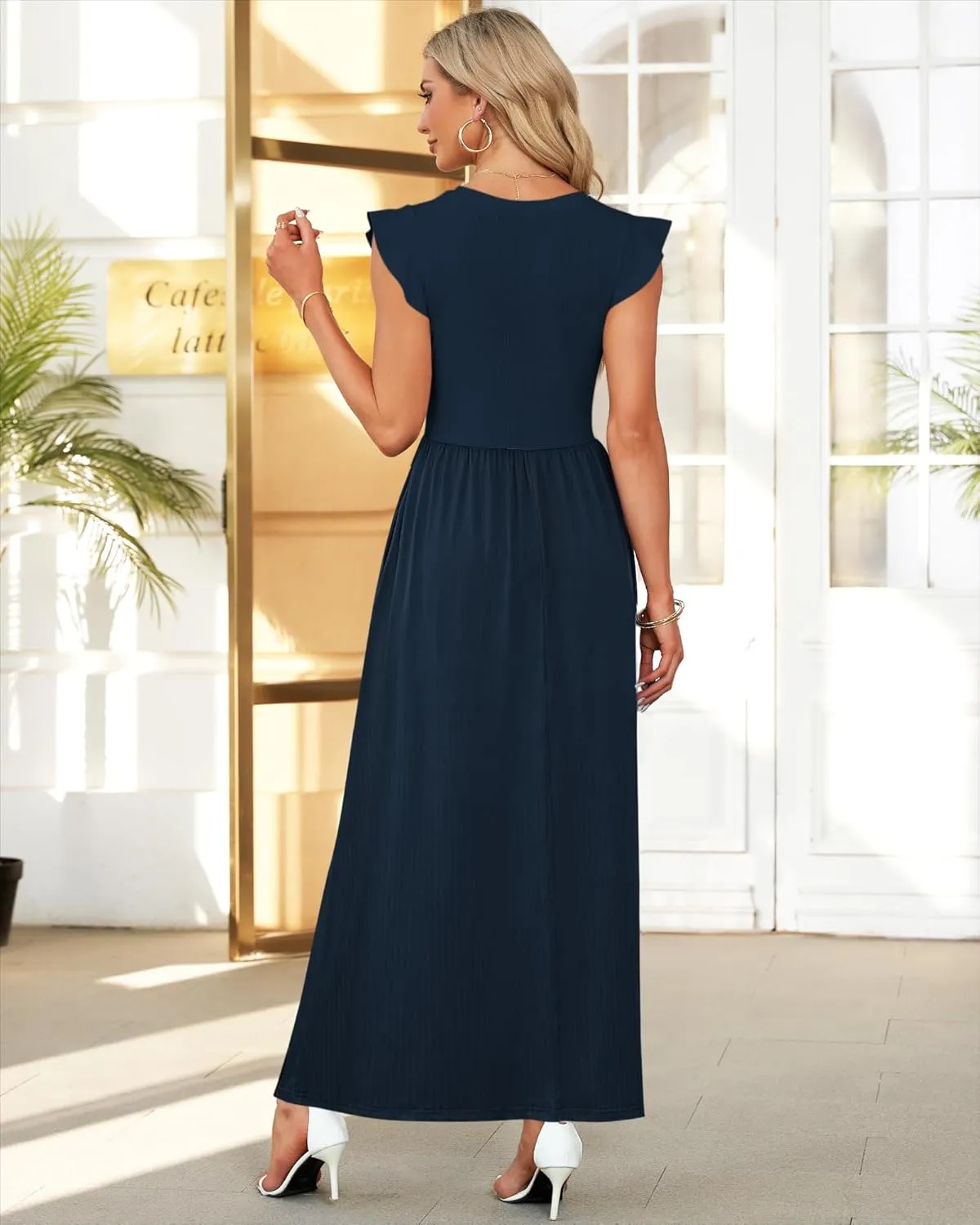 MISFAY Women's Ruffle Sleeve Maxi Dresses Casual Crewneck Long Dress with Pocket