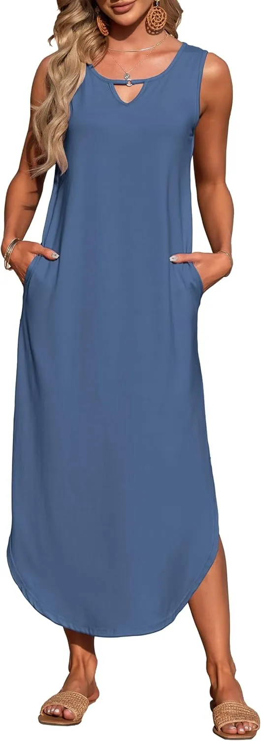 MISFAY Women's Summer Maxi Dress Sleeveless Loose Long Beach Split Dresses with Pockets