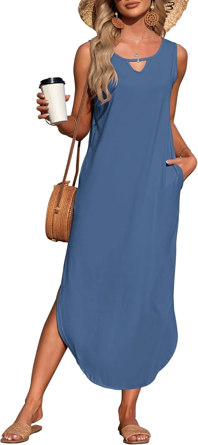 MISFAY Women's Summer Maxi Dress Sleeveless Loose Long Beach Split Dresses with Pockets