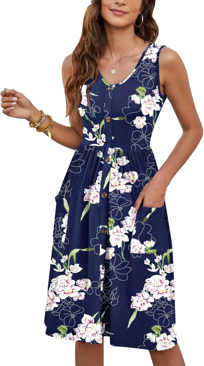MOLERANI Women Summer Dresses Sleeveless Casual Loose Swing Button Down Midi Dress with Pockets