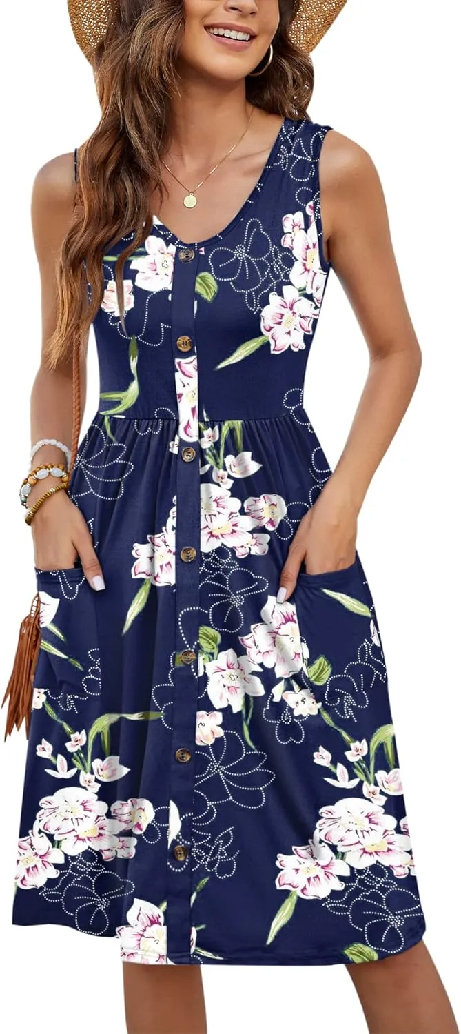MOLERANI Women Summer Dresses Sleeveless Casual Loose Swing Button Down Midi Dress with Pockets