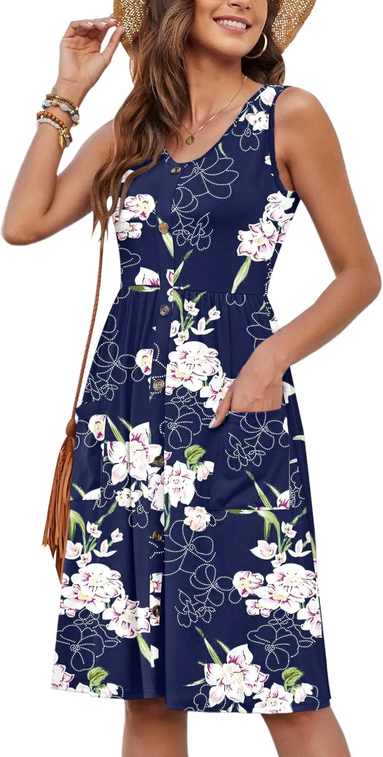 MOLERANI Women Summer Dresses Sleeveless Casual Loose Swing Button Down Midi Dress with Pockets