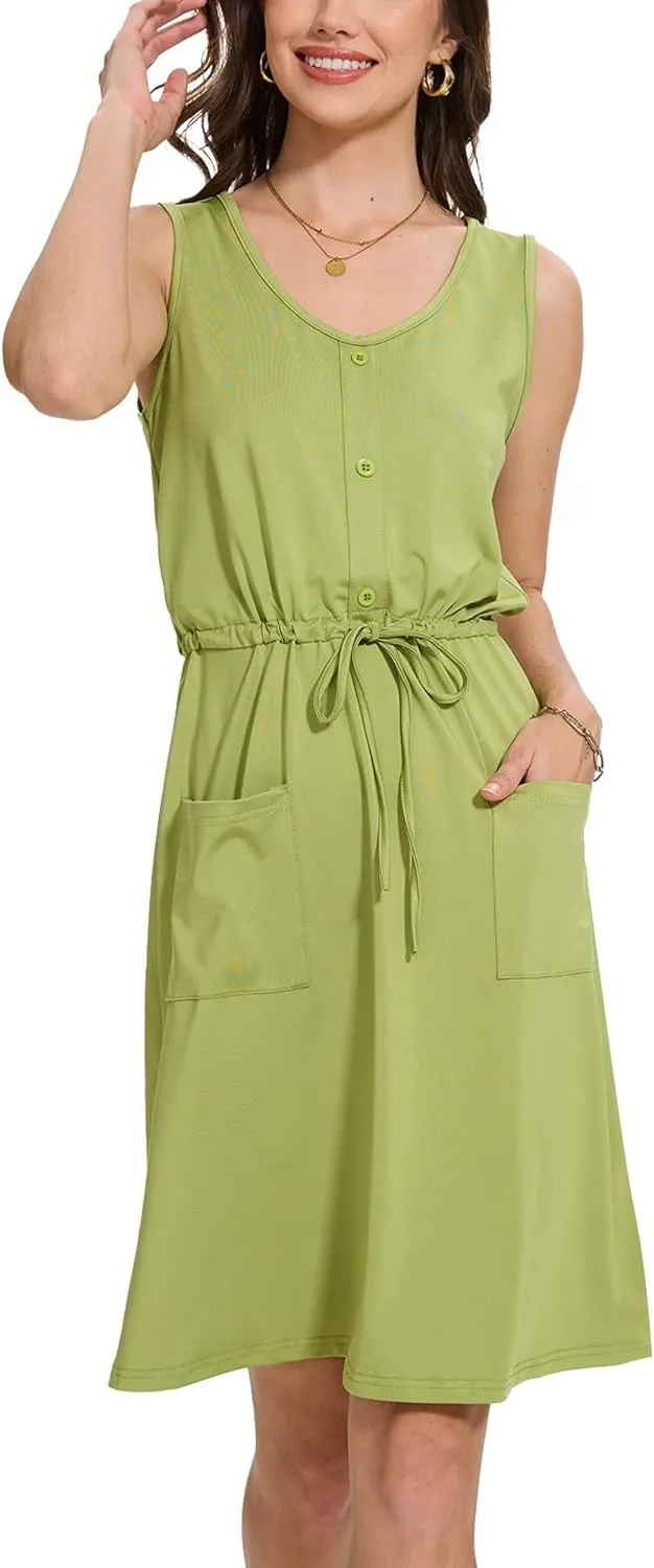 Moss Rose Women Summer Dresses Sleeveless Casual Loose Swing Midi Dress with Pockets