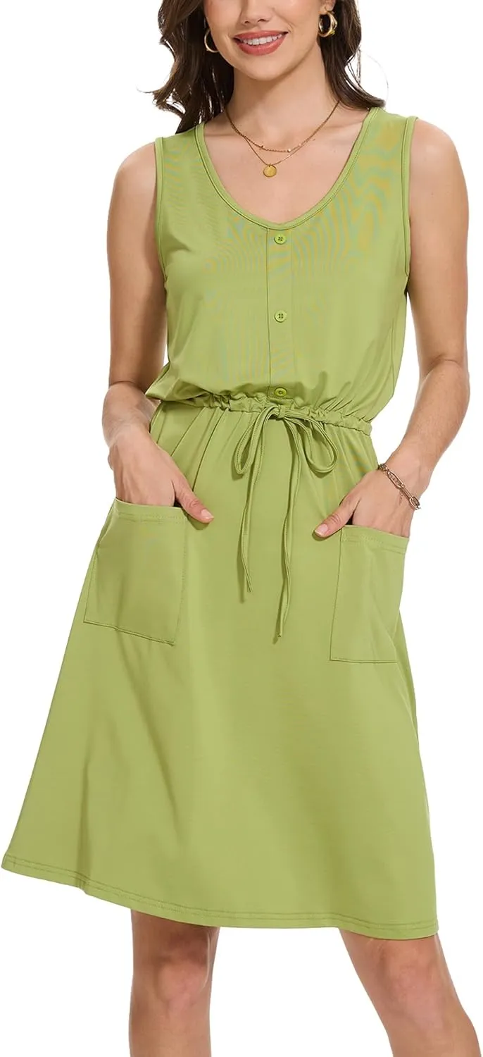 Moss Rose Women Summer Dresses Sleeveless Casual Loose Swing Midi Dress with Pockets